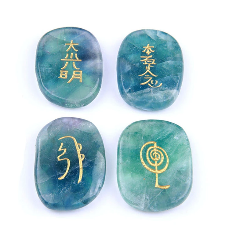 Four Symbols Palm Size Natural Clear Quartz Crystal Healing Reiki Stone