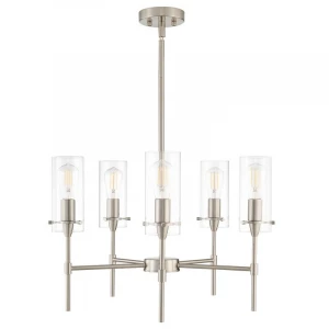 Fully Contemporary Chandelier Brushed Nickel Modern Pendant Lighting Cylinder Clear Glass Shaded Pendant Lighting