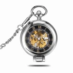 Hand Wind Up Skeleton Mechanical Necklace Fob Pocket Watch Vintage Half Hunter Vintage Pendant Watch Chain