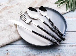 Hot sale 2019 stainless steel marble design plastic handle fork and spoon cutlery set marble cutlery set