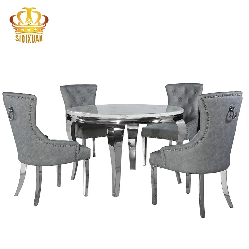 Hot Selling Dining Room Furniture Reasonable Price Round Marble Glass Table Top Stainless Steel Dining Table