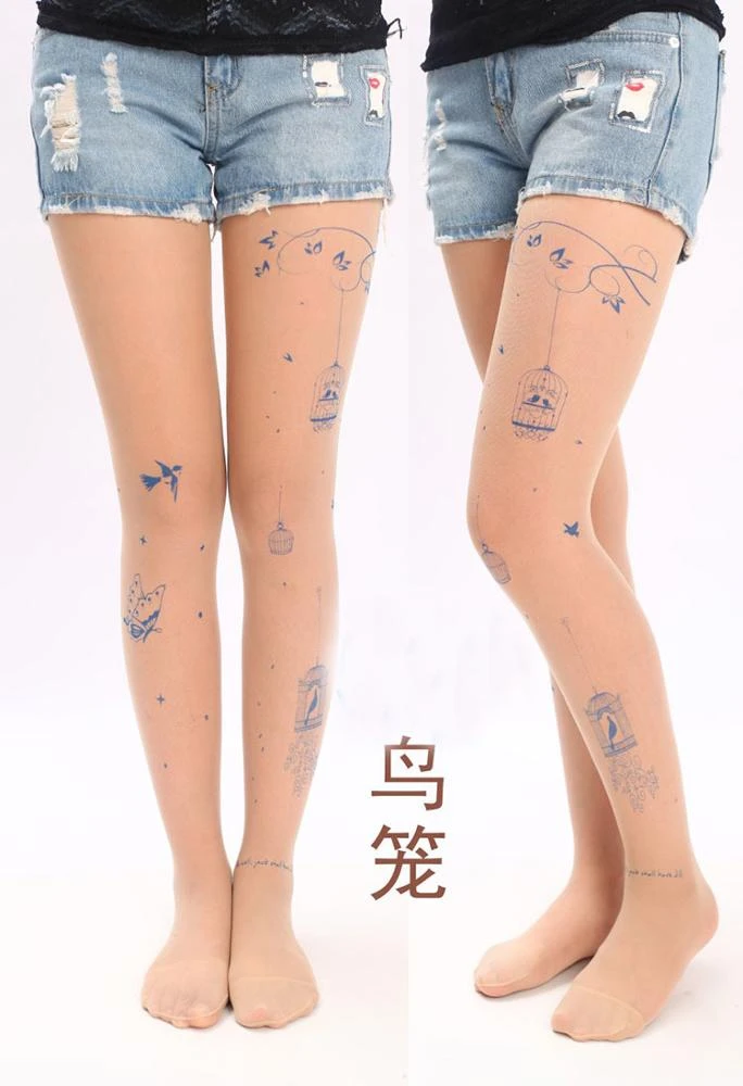 Japanese Ultra Thin Skin Color pantyhose  Fake Tattoo Cartoon Printing silk Stockings