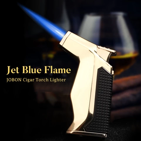 JOBON Wholesale metal smoke Jet Blue Flame Butane Gas Custom logo customized refillable Cigarette Cigar Torch Lighter