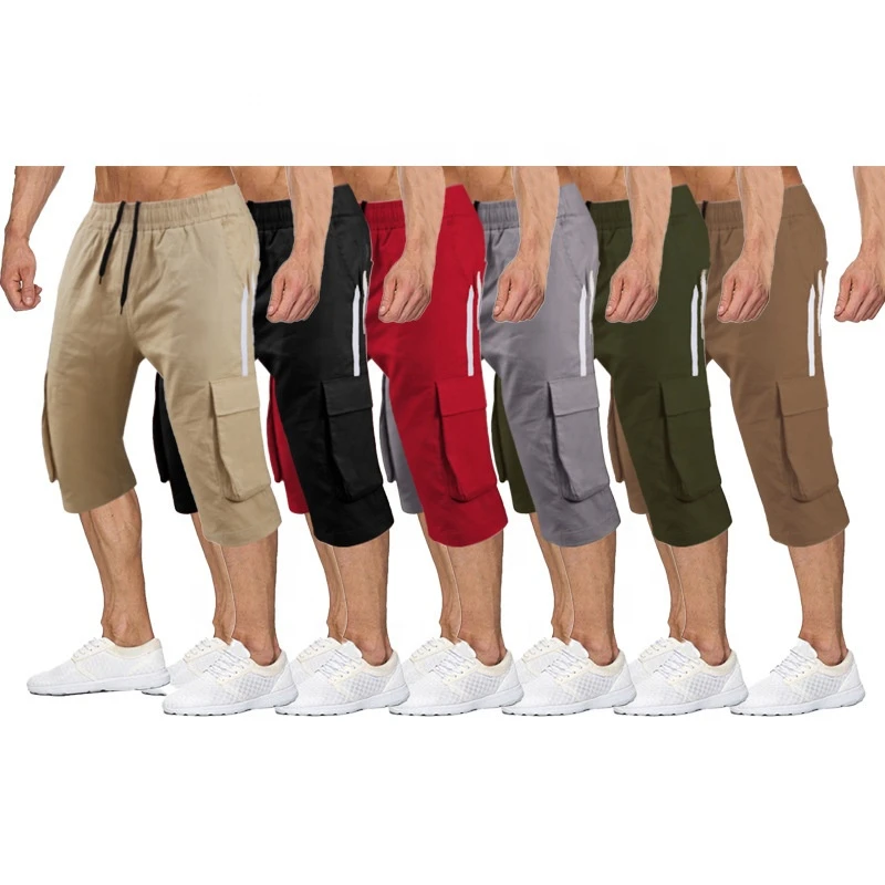 KX-2146 Ready to ship wholesale multi pockets men track shorts drawstring cotton blend mens cargo pants