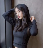 Long Sleeve Hood Midriff Mesh Splicing Sweat Wicking Running Sports Wear