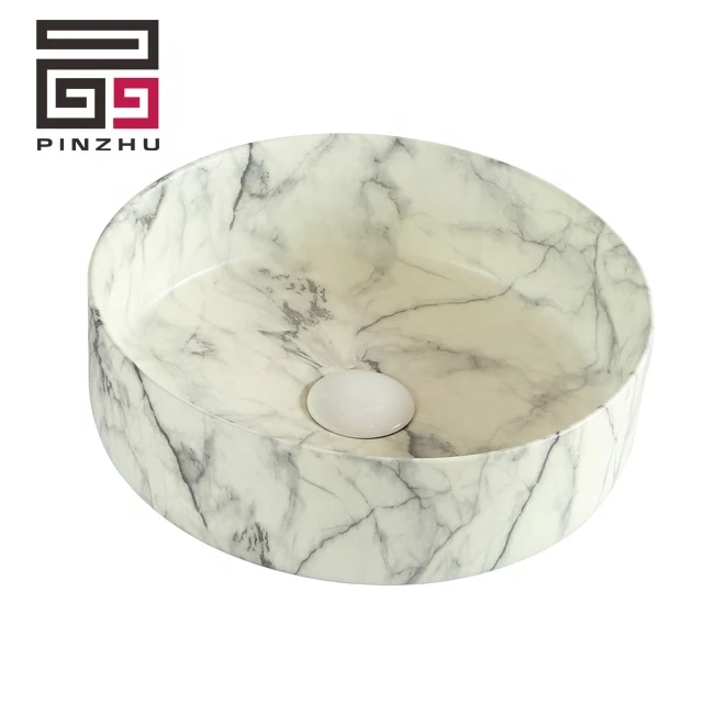 Low price round marble ceramic white shiny bathroom wash hand sink art basin