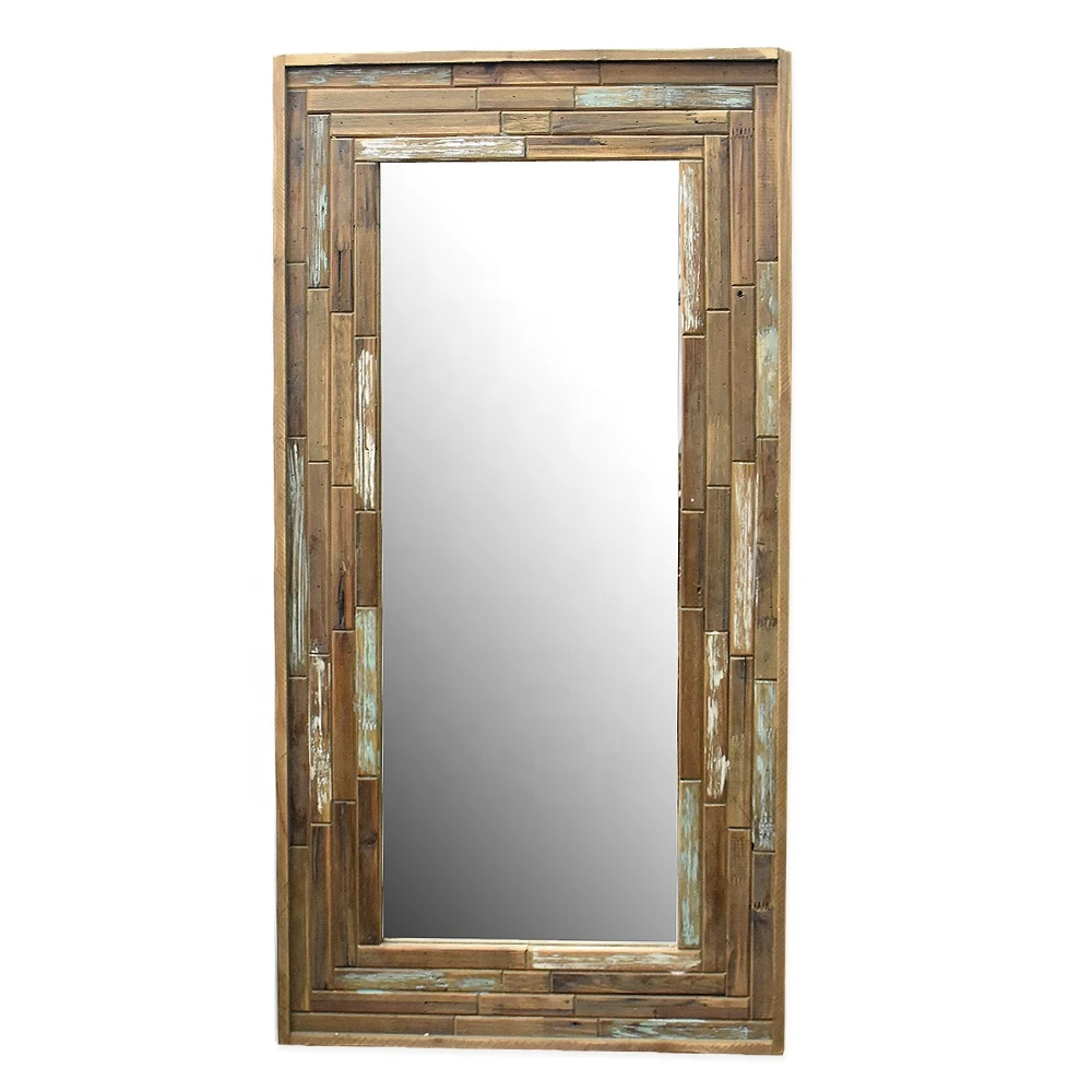Luckywind Antique Rustic Rectangle Long Decorative Wall Mirror, Natural Distressed Wood Frame, Hanging Mirror Wall Decor