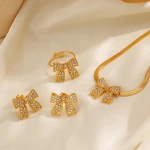 Luxury 18K Gold Plated Full Zircon Bowknot Earrings Bracelet Ring Tarnish Free Stainless Steel Fine Jewelry Set For Women