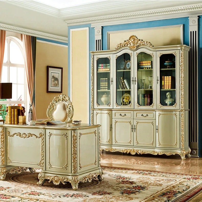 Luxury wooden bookcase with glass doors rococo bookshelf