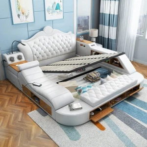 Master bedroom luxury multifunctional genuine leather bed smart design bed room furniture queen frame bed