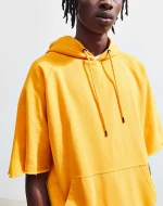 MGOO Cotton French Terry Raw Sleeve Hem Plain Blank Striped Ribbed Hem Solid Yellow Short Sleeve Hoodie