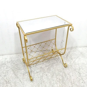 Modern Marble Top Gold Metal Frame Side Table With Magazine Rack