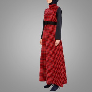 Modest Red Grid Muslim Women Ladies Abaya Dubai Abaya Ethnic Dress Islamic Clothing