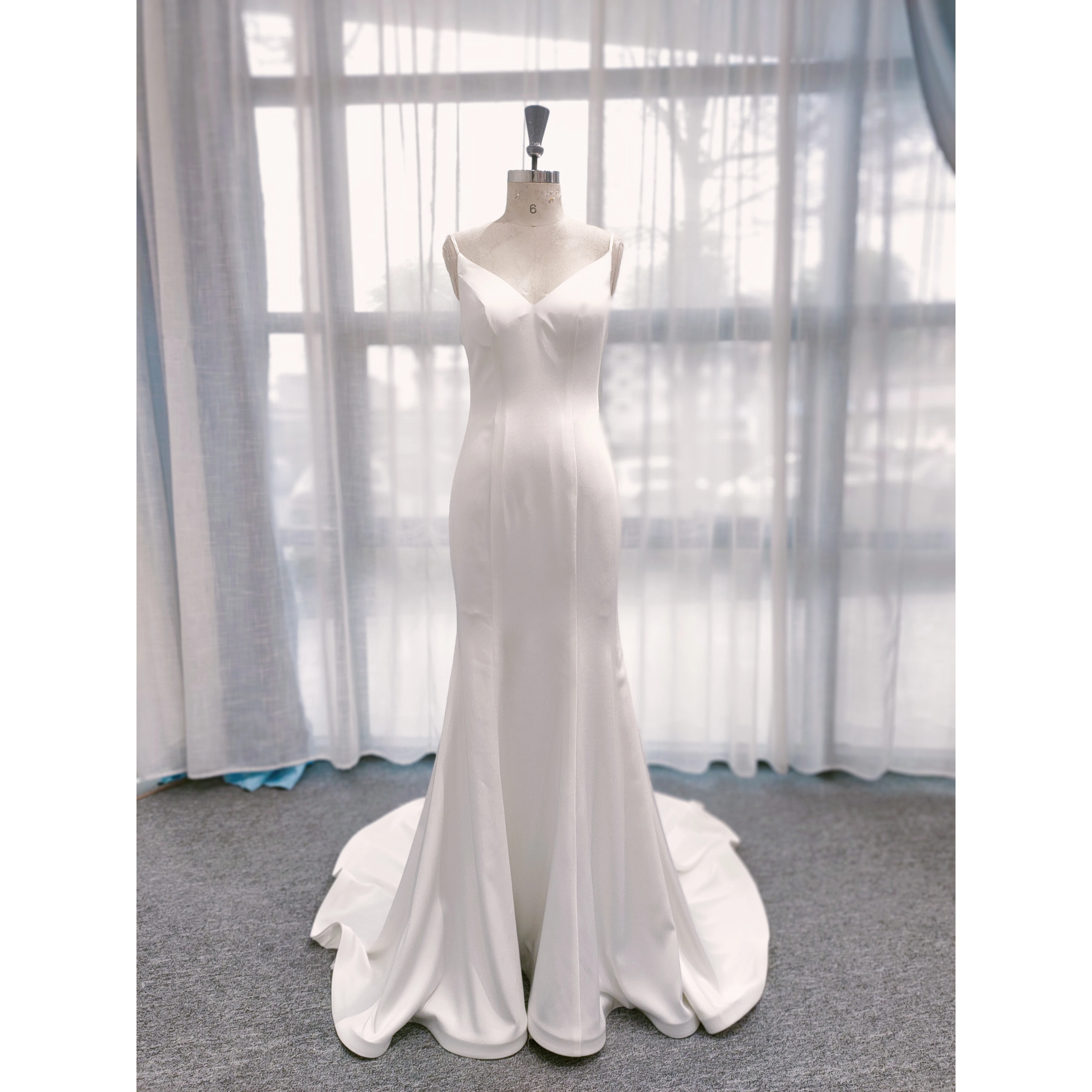 Moonland Satin Hand-made V Neck Backless Mermaid Zipper Long Tail Wedding Dress