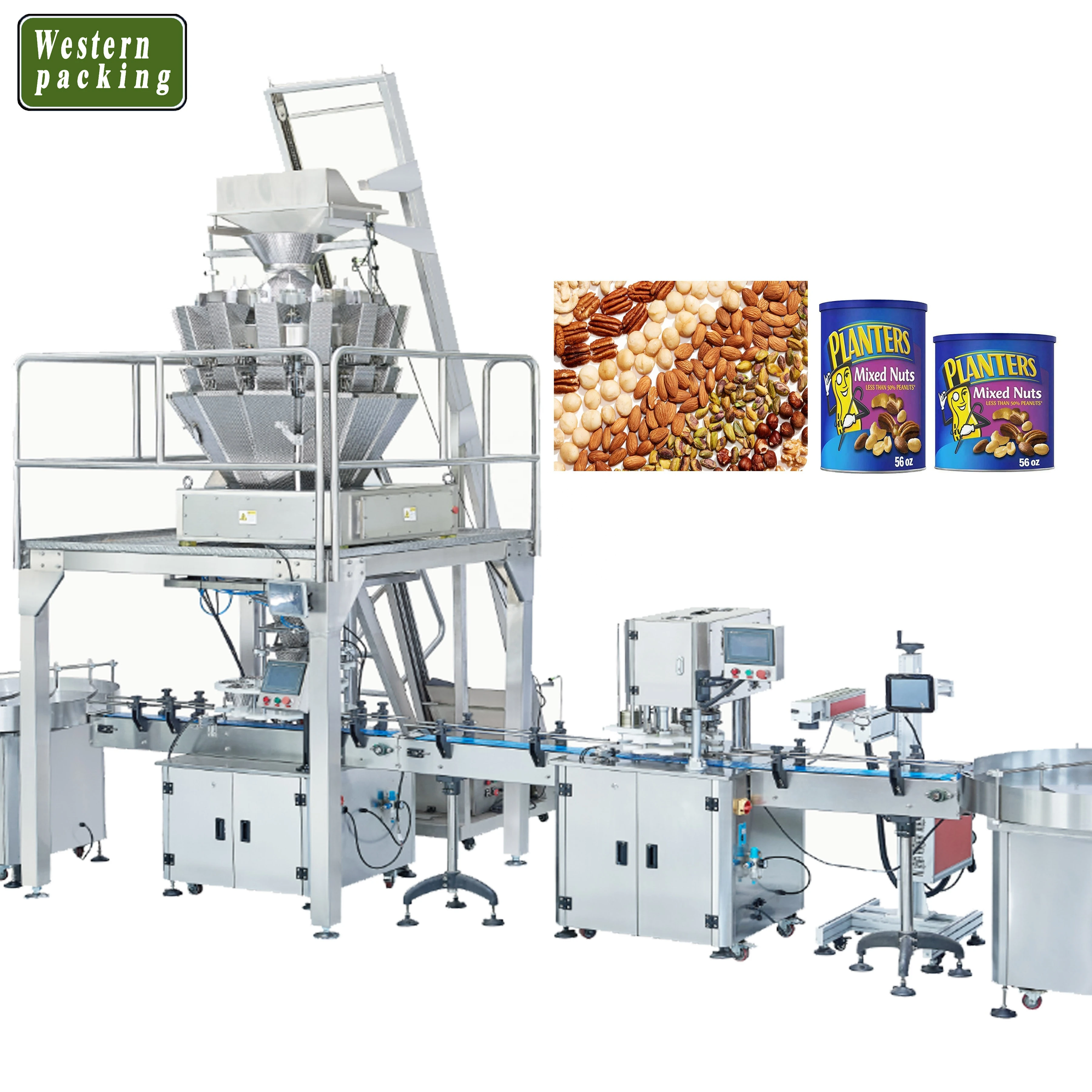 muliti heads Weigher can filling machine for fruits, cans tins filling packaging machine for nuts dried fruits