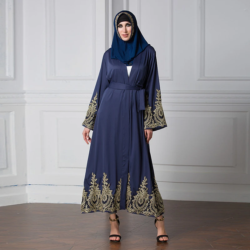 Muslim Arab open front Gold lace embroidery cuff turkish cardigan Robe Muslim Clothing Islamic dress