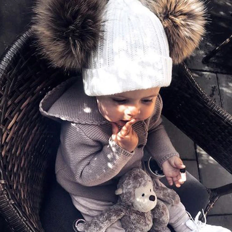 MY Miyar Double Fur Pom Hat Beanies Cap Crochet Children Knitted Hats Cute Baby Kids Girl Boy Autumn Winter Knit Hat