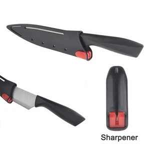 New design kitchen knife with blade cover and sharpener kitchen chef santoku utility knife set with safety sheath and sharpener