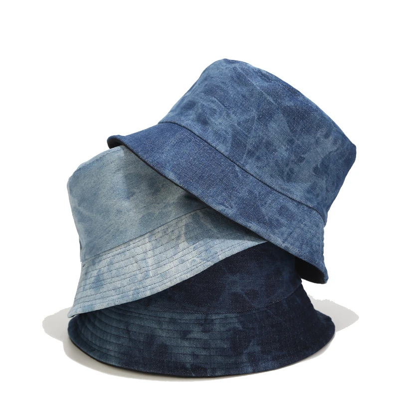 New Washed Retro Tie Dyed Outdoor Unisex Double-sided Fisherman Cotton Cowboy Denim Bucket Hats