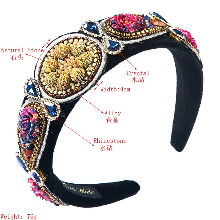 New Wide Flower Embroidered Colorful Rhinestone Stone Headbands Hairbands