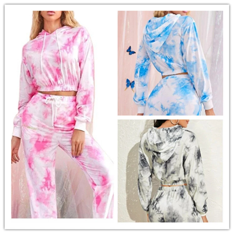 pullover two pieces tie dye print Tracksuit 2020 last Design Sports  Women hoodies Track suits