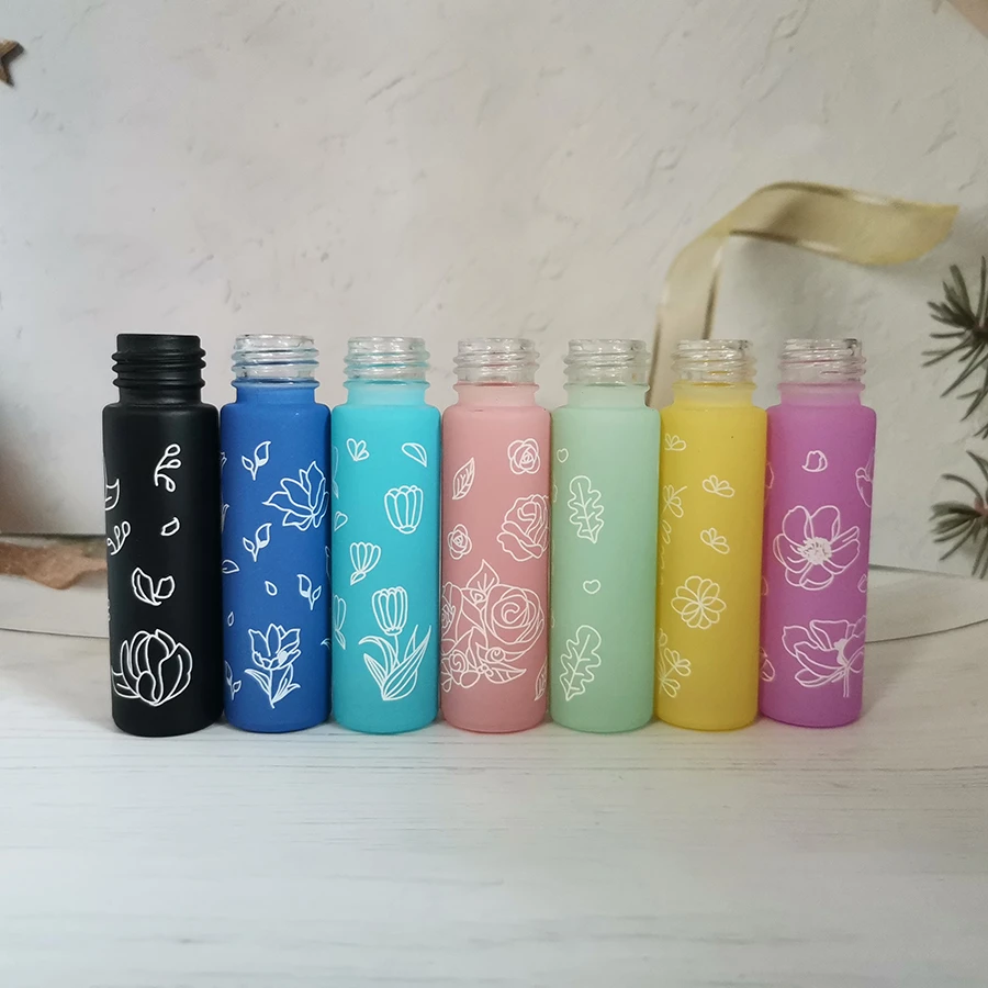 Ready to ship floral printed glass bottle 10ml pastel roll on glass bottle with steel roller with ring for essential oils