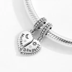 Real 925 sterling silver Jagged heart shape Writing mother and daughter Pendant charms for Bracelets Mother's day gift HOT SALE