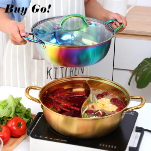 Restaurant Induction Cookware Divider Shabu Hotpot 304 Stainless Steel Kitchen Soup Cooking Pot with Glass Lid