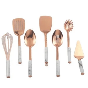 Rose gold copper plating  Food Grade Stainless Steel kitchenware kitchen utensils set marble handle cooking tools set
