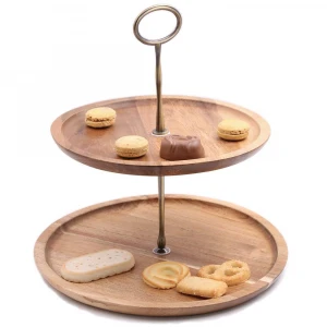 Round marble cake stand with wooden base pedestal for catering hotels buffet pastry server dessert platter handmade hot selling