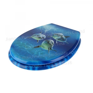 Round Toilet Seat, Anti-Bacterial, Easy Clean and Strong Hinges, Toilet Lid Cover for Family Bathroom (Dolphins)