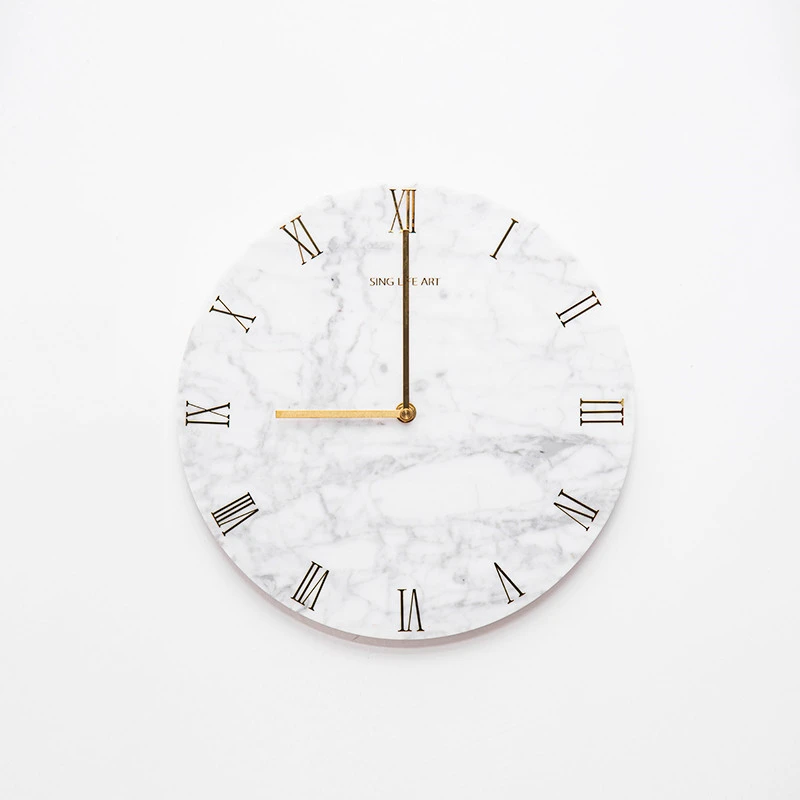 Round White Marble Stone and gold pointer marble wall clock