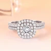 SKA 925 Sterling Silver white gold cz ring double halo Engagement Wedding ring set