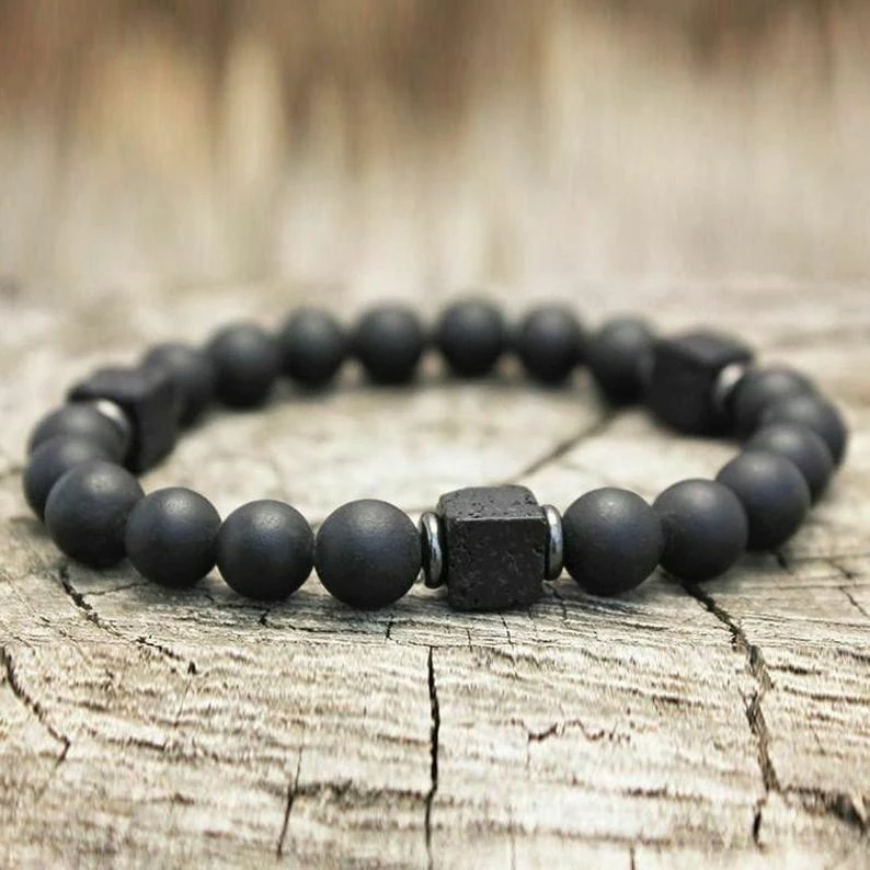 Strength Calming Healing Black Onyx Lava Stone Bracelet-Spiritual Protection Balance Meditation Bracelet