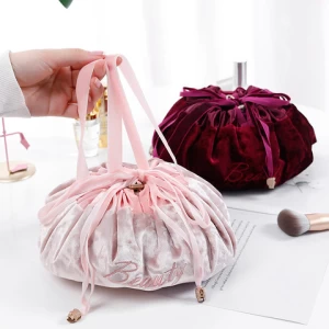 Travel Ladies Round Pink Custom Logo Small Makeup Pouch Waterproof Flat Flap Organizer Lazy Silk Bag