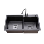 Undermount 60/40 Double Bowls Kitchen Sink Gunmetal Black Nano Brushed Finish Stainless Steel Handmade Sink