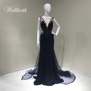 Western Style black Body-con Long chapel Transparent lace tail evening dress black homecoming dresses with straps