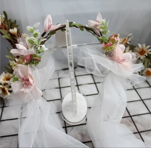 Wholesale beautiful bridal lace veil sweet handmade wedding flower tiara hair garland for women