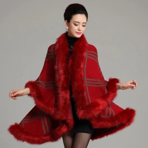 Wholesale new made knitted faux fox fur poncho cape genuine handmade plaid fur shawls