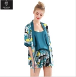 Womens Silk Satin Three Piece Pajamas Half Sleeve Short Pants Tanktop Loungewear Women Silk Sleep Wear
