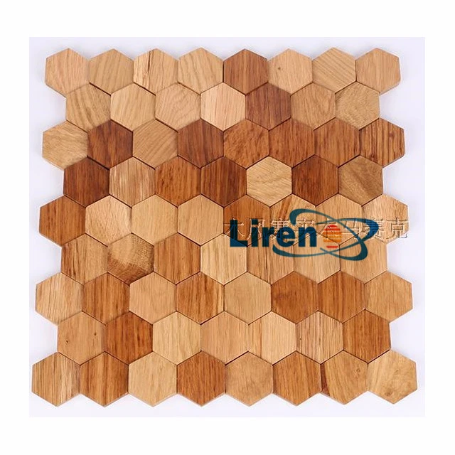 wood mosaic hexagon pattern oak walnut wall panel tiles