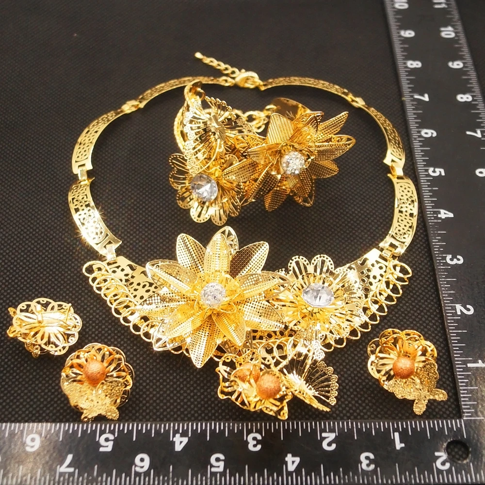 Yulaili New Flower Jewelry Set Noble Rose Gold Electroplating Jewelry Sets Intricate Design African Bridal Wedding Zircon Set