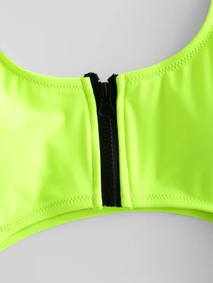 ZAFUL Neon Zip Cutout O-ring High Cut Swimsuit