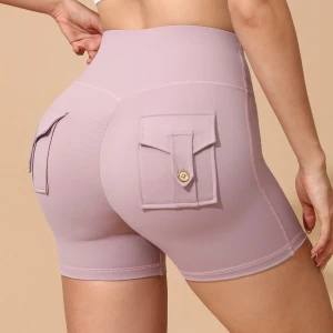 Women High Waist Biker Shorts with Back Button Cargo Pockets Soft Stretch Tummy Control Fitness Workout Sports Shorts