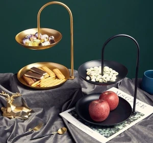 2 layer large capacity fruit tray Solid eco-friendly gold metal snack cake bread tray custom