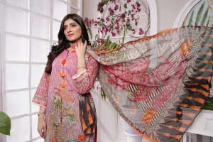 Asian dresses 3piece unstitched dresses collection 2021 Embroidered Neckline Digital Printed Aura Lawn Vol. 11 ALV-01