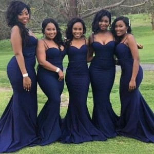 African Dark Blue Mermaid Bridesmaid Dresses Sexy Spaghetti Straps Sweetheart Maid of Honor Gowns Satin Custom Made Wedding Guest Dress