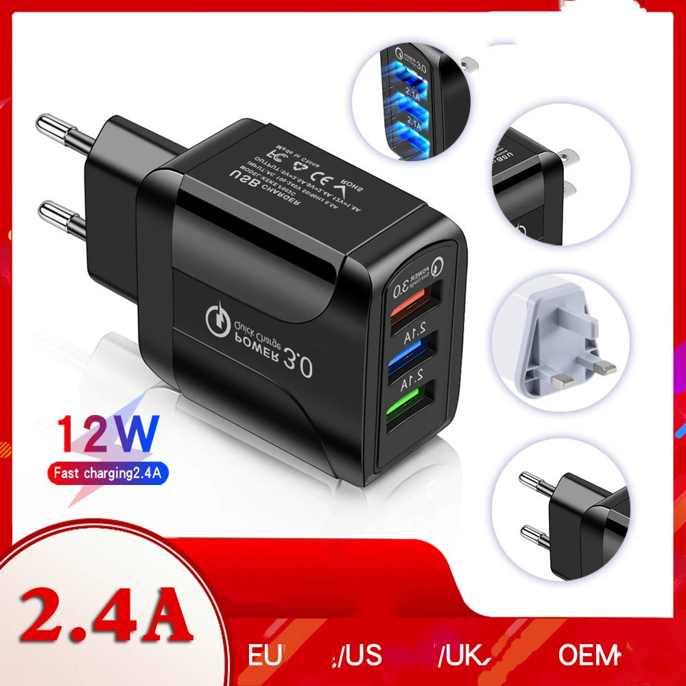 12W Fast Quick Charge QC3.0 Multi 3 Port USB Charger Black Adapter