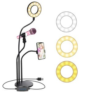 2020 Flexible Universal Phone Selfie Ring Flash Light for Live Streaming with Microphone Stand