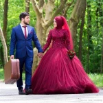 2020 Muslim long sleeve lace nailed bead wedding dress fluffy red gauze muslim bridal wedding dress